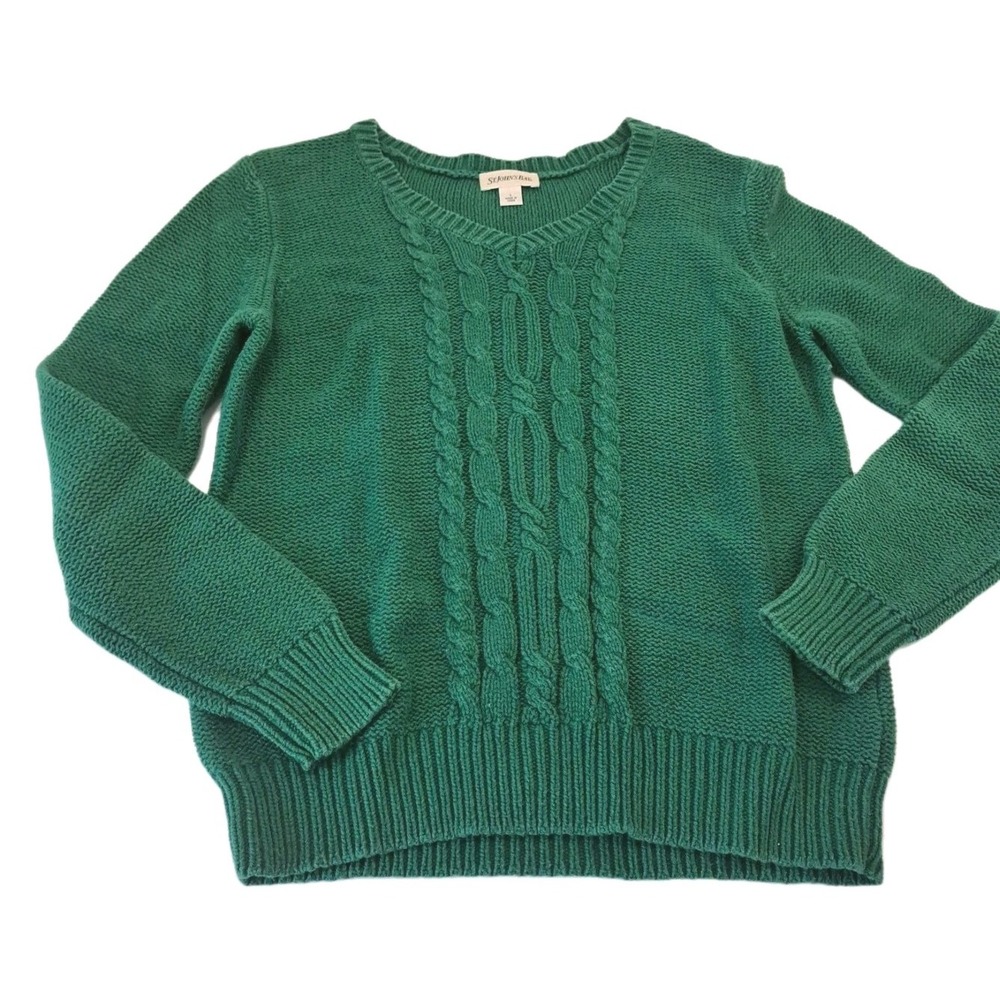 St Johns Bay Cable Knit Sweater Women's L Green V-neck Christmas‎ Holidays